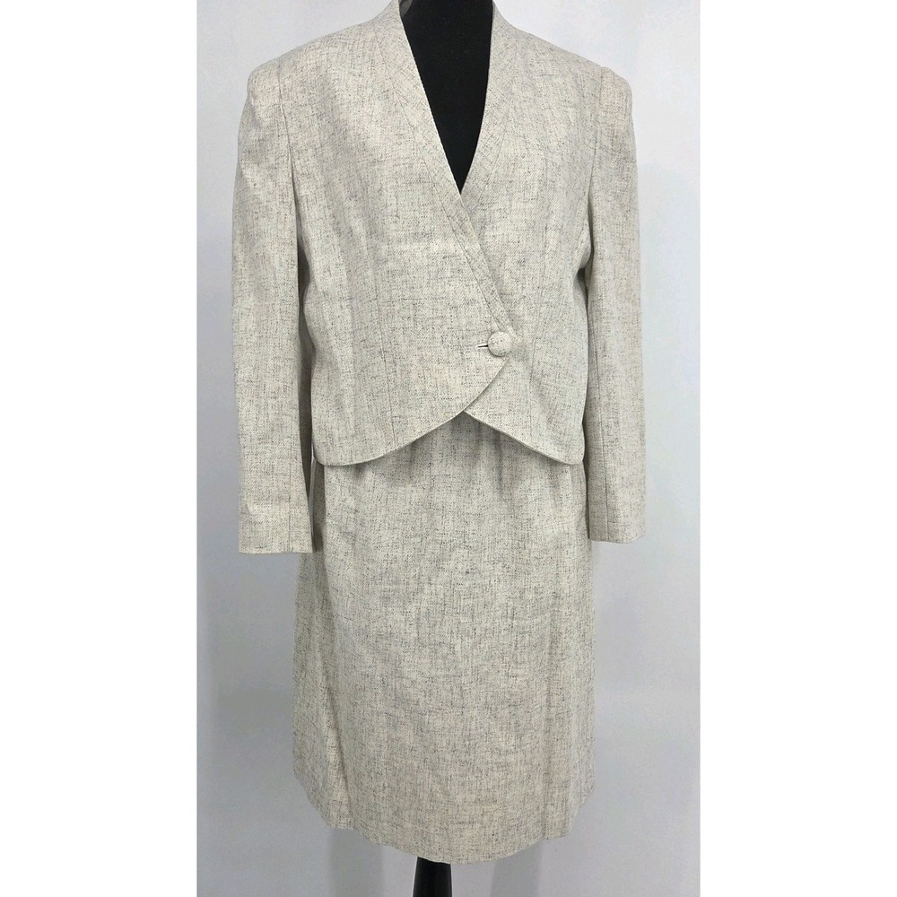 Vtg Winlit Tweed Skirt Suit 13/14 Cream Wool Blend